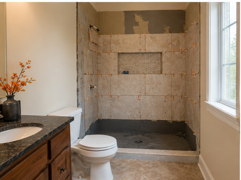 Custom Tile Showers and Bathroom Remodeling in Franklin, TN — Tile install in progress