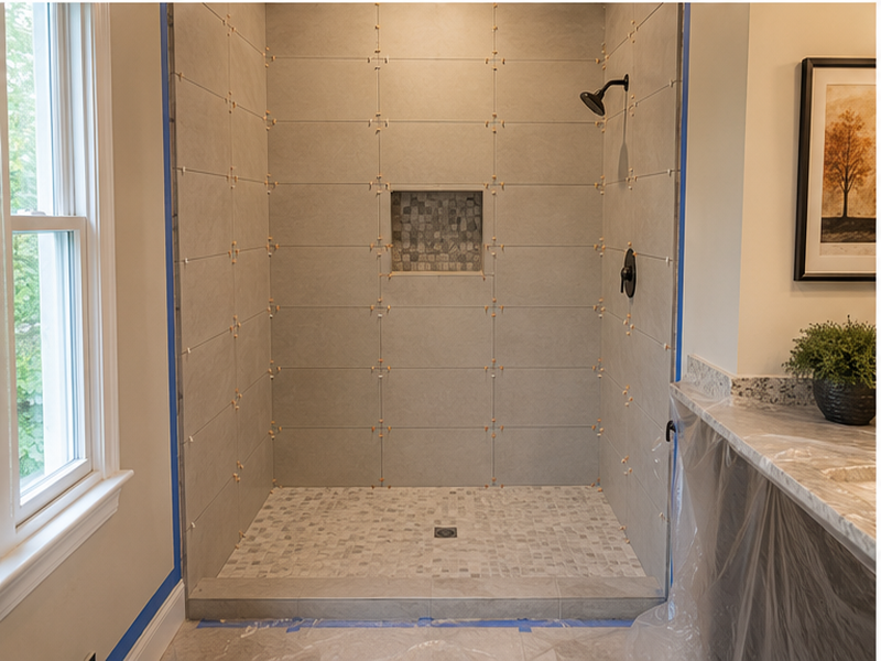 Custom Bathroom Remodeling in Franklin — Tile install in progress