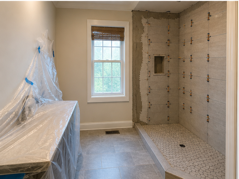 Custom Bathroom Remodeling in Franklin — Tile install in progress