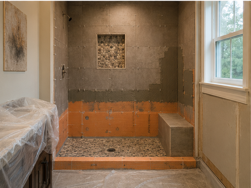 Bathroom Tile Installation in Franklin, TN — Tile install in progress