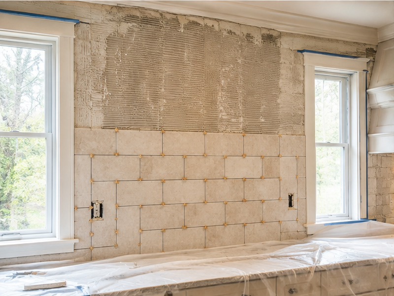 Custom Backsplash Tile Installation in Franklin, TN — Tile install in progress