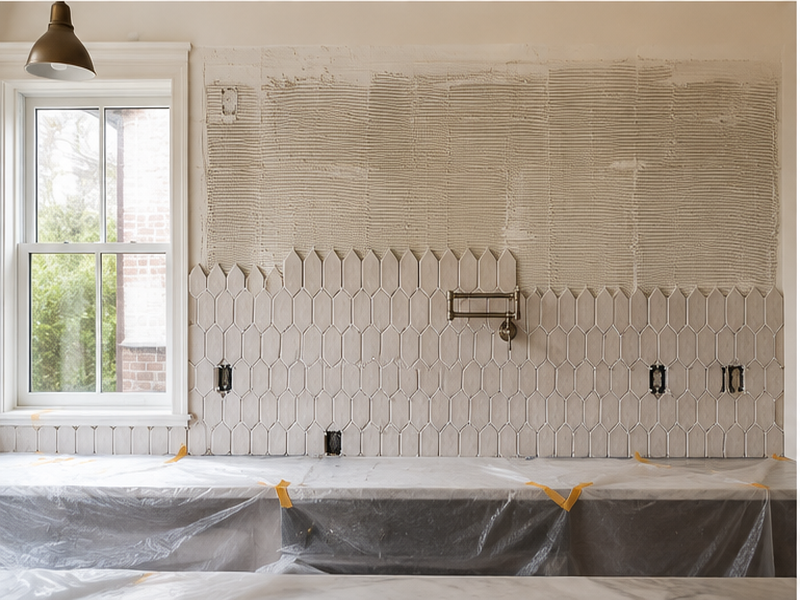 Custom Backsplash Tile Installation in Franklin, TN — Tile install in progress