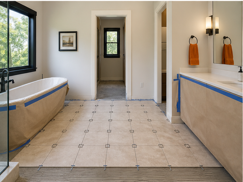 Custom Bathroom Floor Tile Installation in Franklin, TN — Tile install in progress