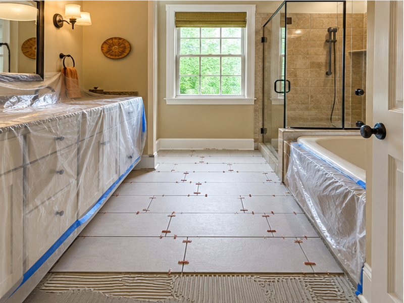Custom Bathroom Floor Tile Installation in Franklin, TN — Tile install in progress