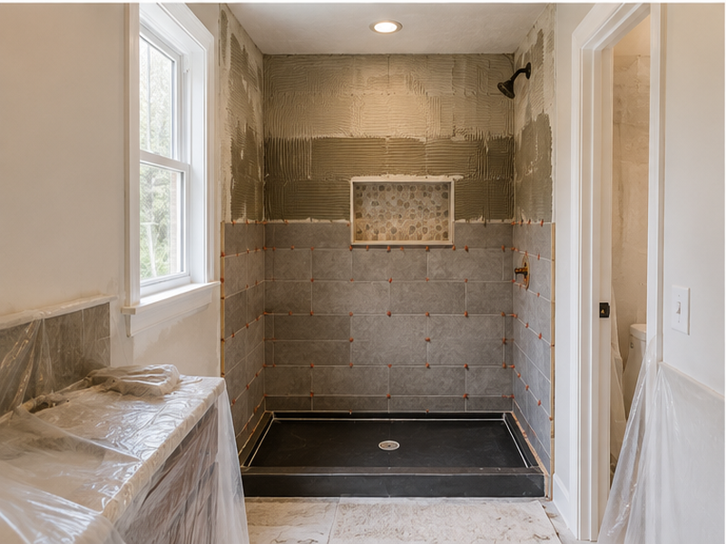Custom Bathroom Remodeling in Franklin, TN — Tile install in progress