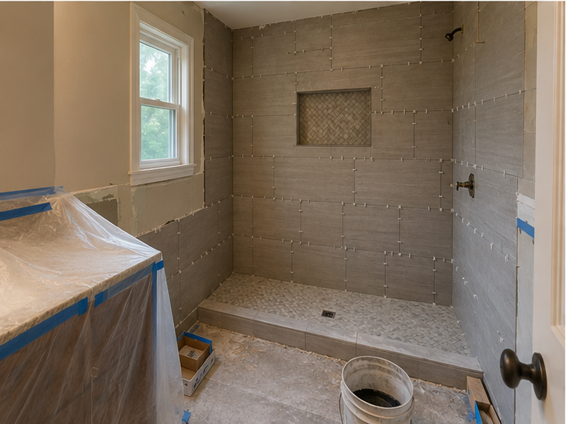 Custom Bathroom Remodeling in Franklin, TN — Tile install in progress