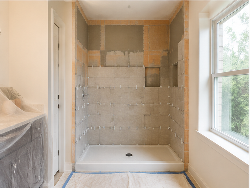 Custom Bathroom Remodeling in Franklin, TN — Tile install in progress