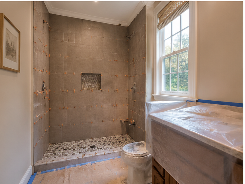 Custom Bathroom Tile Installation in Franklin — Tile install in progress