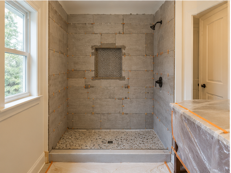 Custom Bathroom Tile Installation in Franklin — Tile install in progress