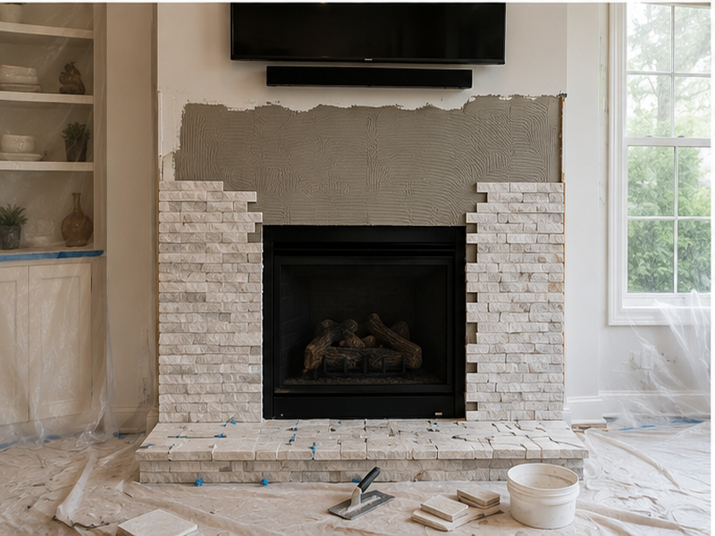 Custom Fireplace Tile Installation in Franklin — Tile install in progress
