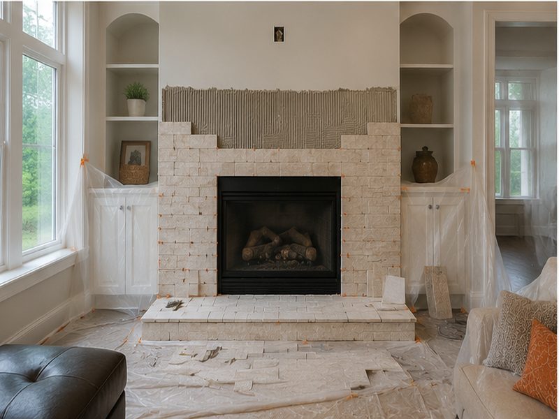 Custom Fireplace Tile Installation in Franklin — Tile install in progress