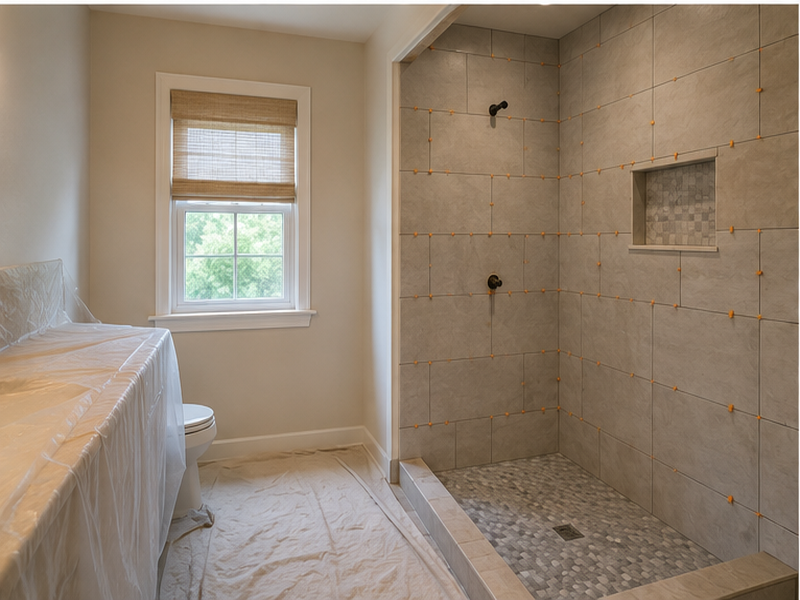 Custom Shower Tile Installation in Franklin, TN — Tile install in progress