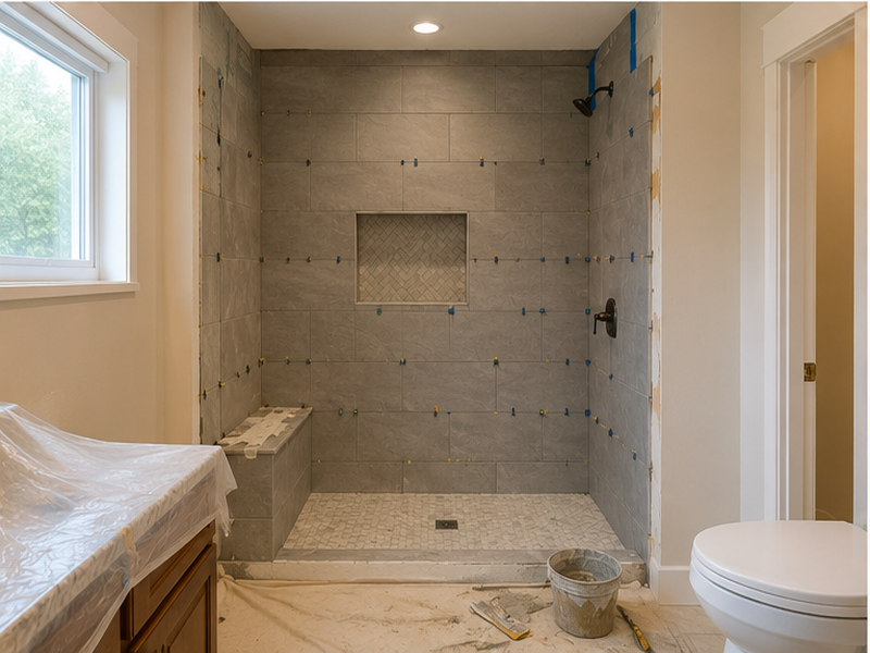Custom Shower Tile Installation in Franklin, TN — Tile install in progress