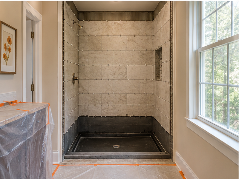 Custom Shower Renovations in Franklin, TN — Tile install in progress