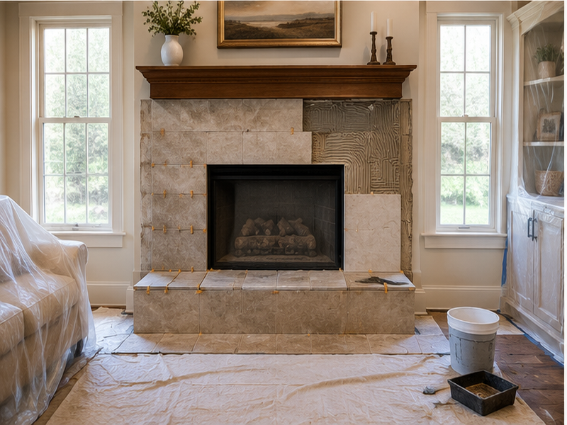 Custom Stone Fireplace Surrounds in Franklin — Tile install in progress