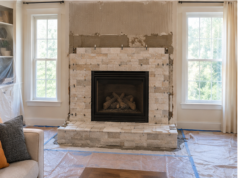 Custom Stone Fireplace Surrounds in Franklin — Tile install in progress