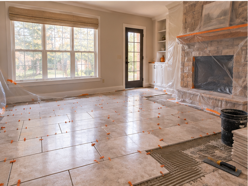 Tile Floor Installation in Franklin, TN — Tile install in progress