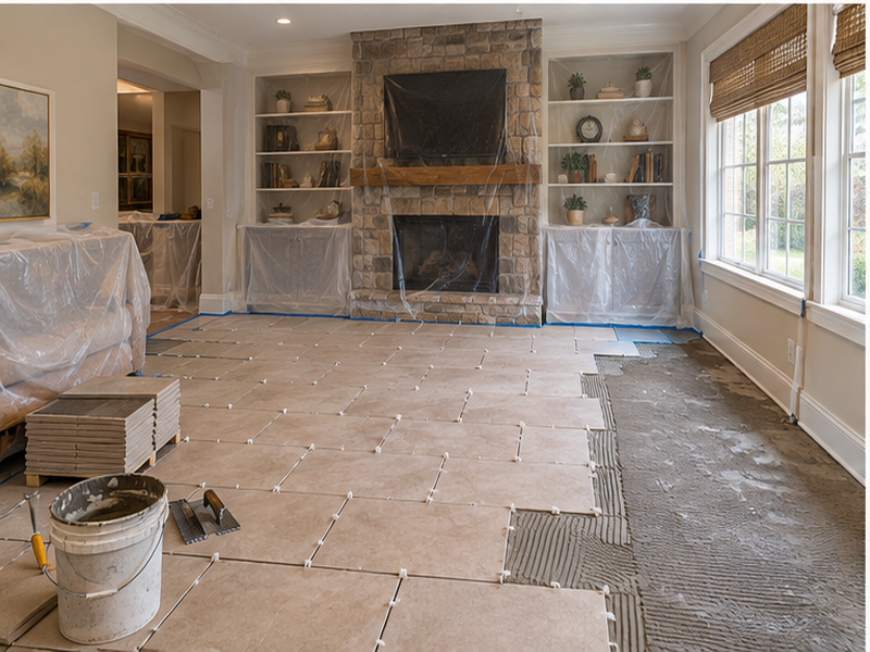 Tile Floor Installation in Franklin, TN — Tile install in progress