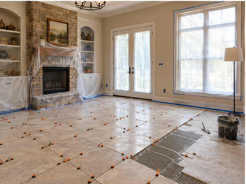 Tile Floor Installation in Franklin, TN — Tile install in progress