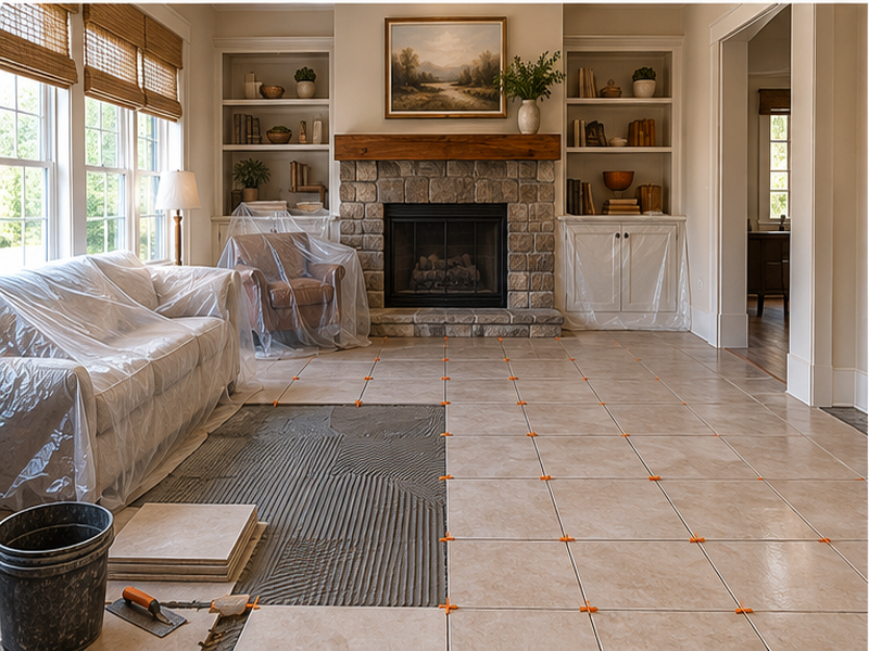 Tile Floor Installation in Franklin, TN — Tile install in progress